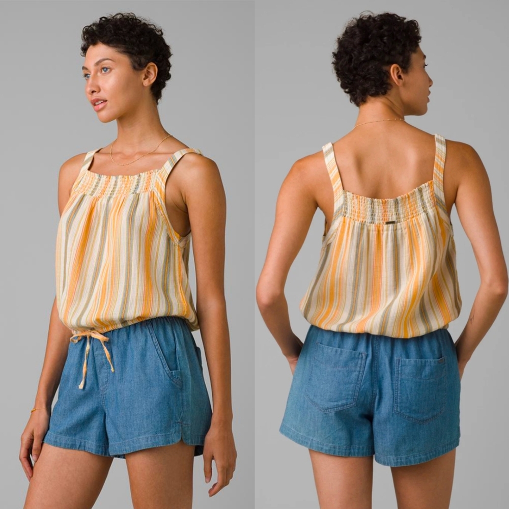 Prana Little Palm Cami Golden Hour Stripe Size Small Smocked Organic Cotton